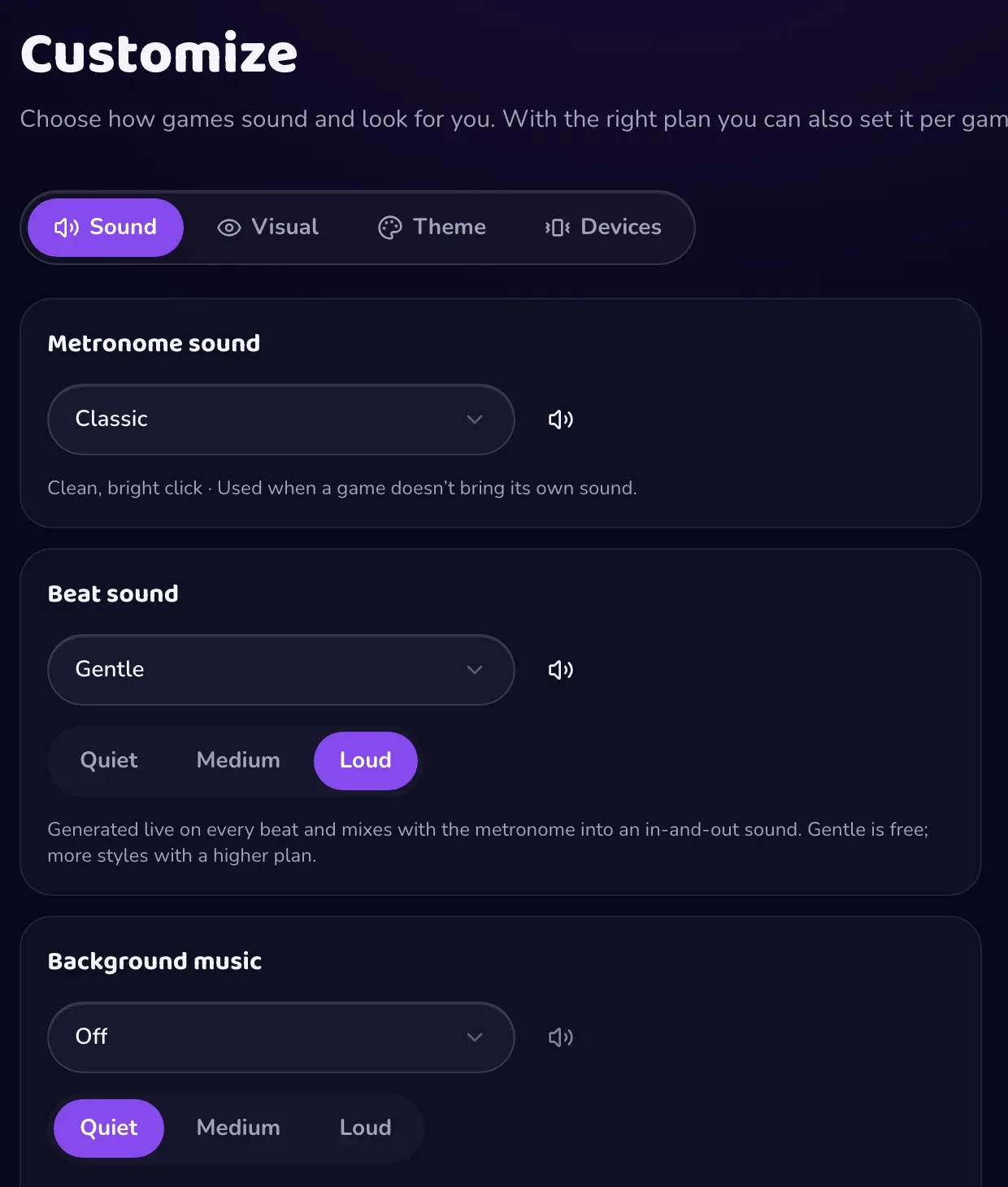 The Customize page, Sound tab