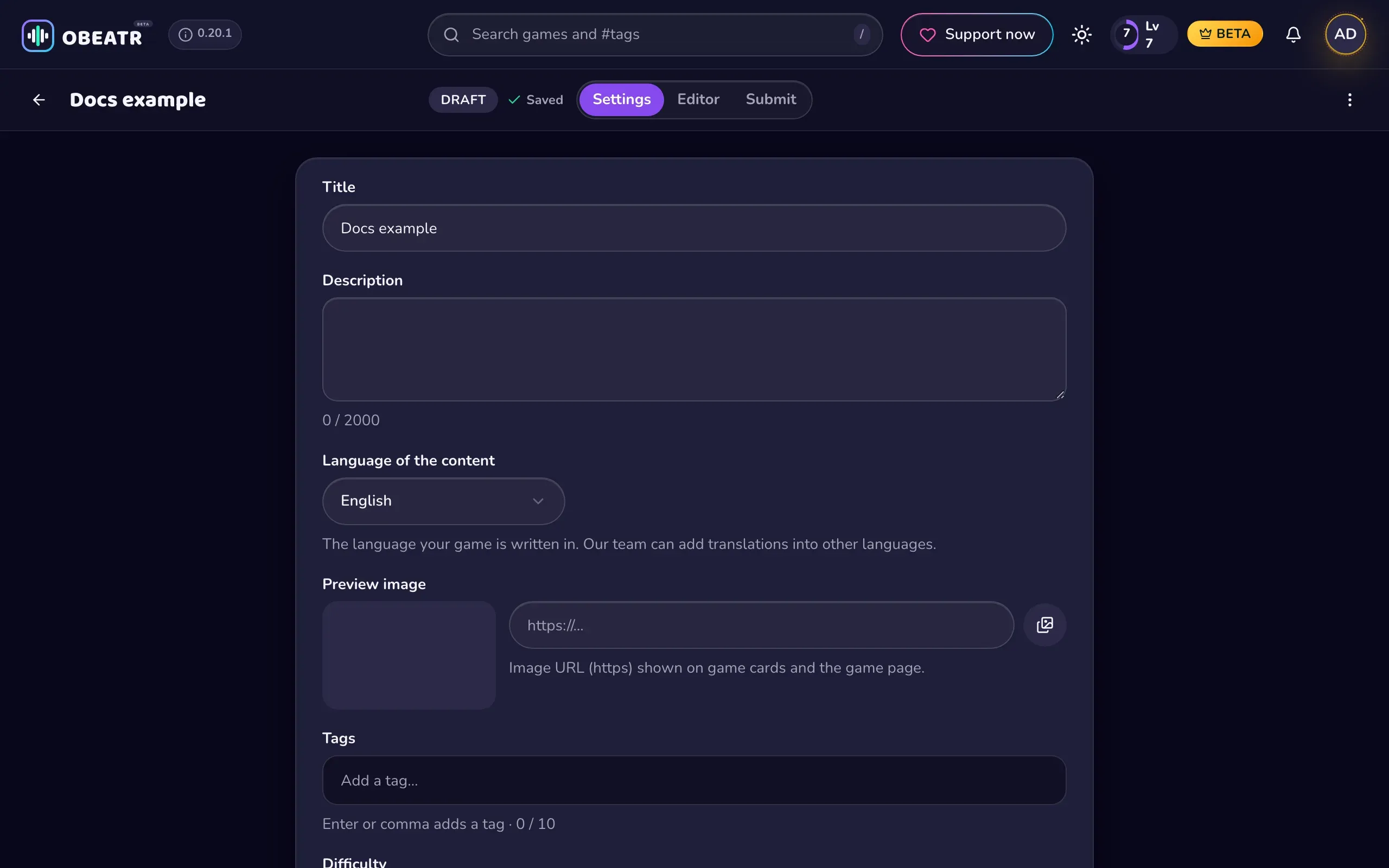 The Settings tab of a game with title, description, language and preview image