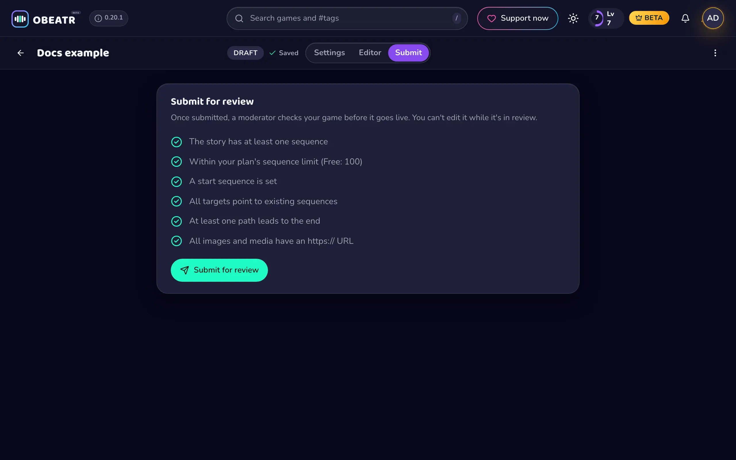 The Submit tab with the checklist