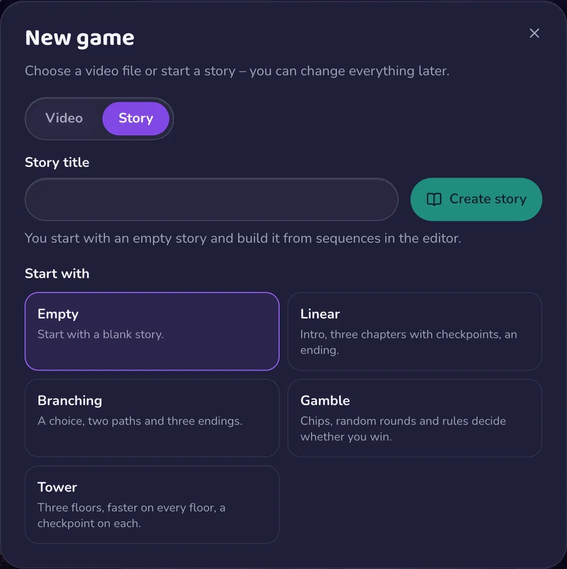 Der Dialog „Neues Spiel“ im Story-Tab mit Vorlagen