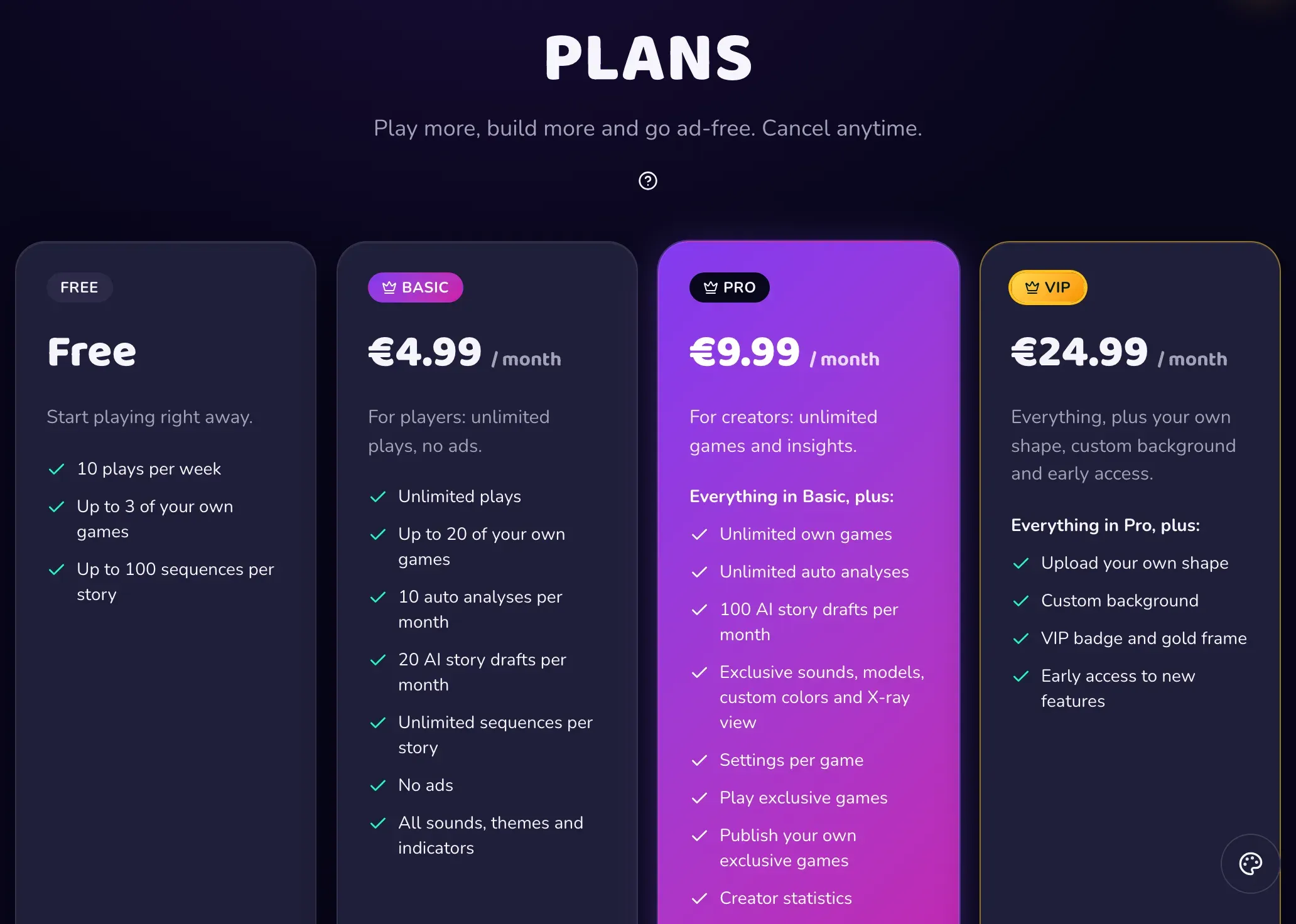 Die Tarif-Seite mit Free, Basic, Pro und VIP