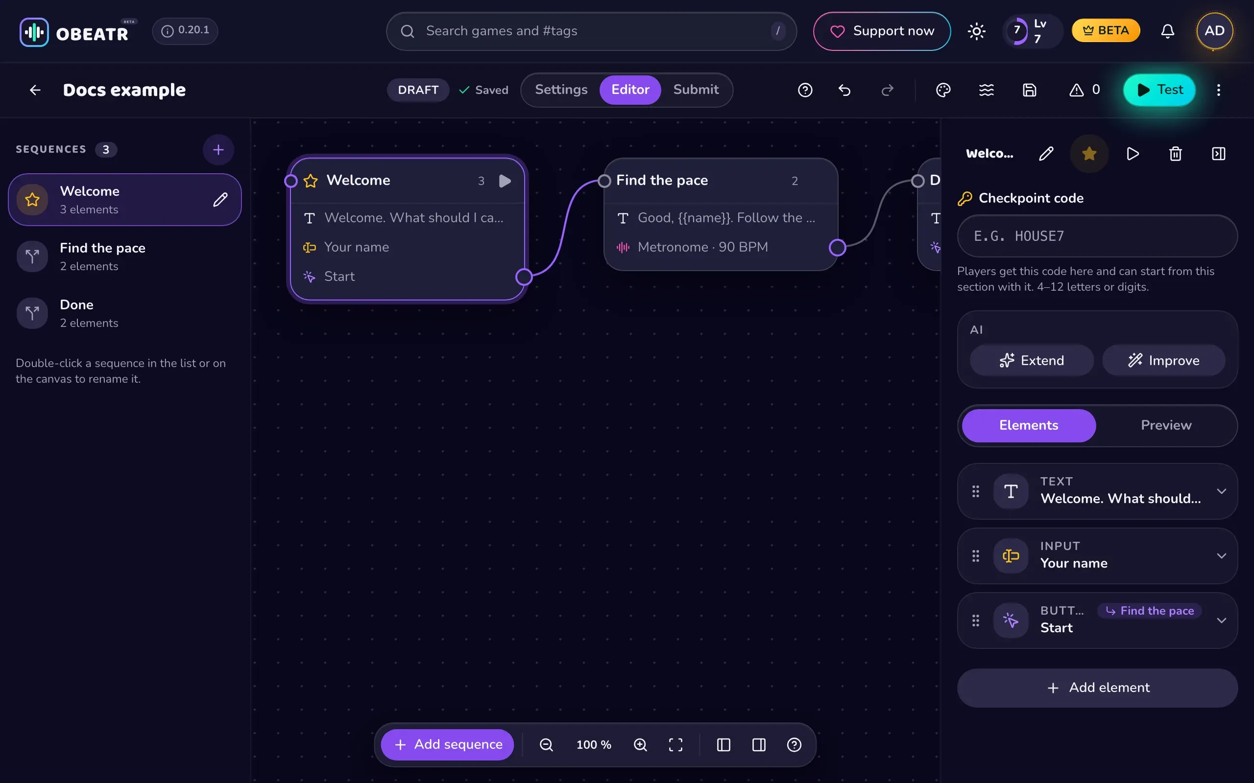 Der Story-Editor: Sequenzliste, Graph und Sequenz-Panel